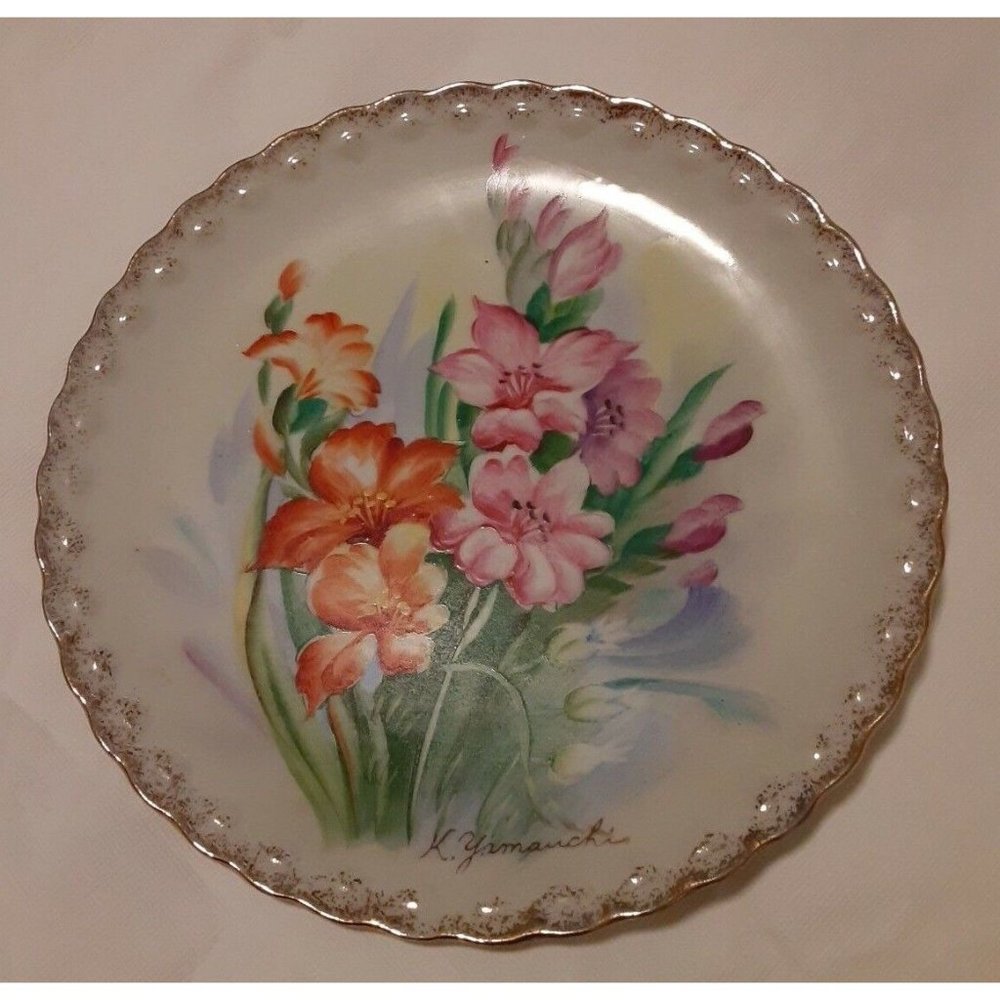 K Yamauchi, Signed Hand Painted Floral Plate with Gold Trim